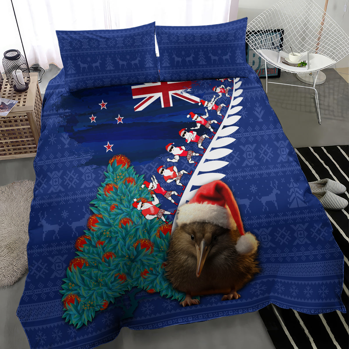 New Zealand Christmas Bedding Set Kiwi Bird Santa and Silver Fern Funny Haka Dance