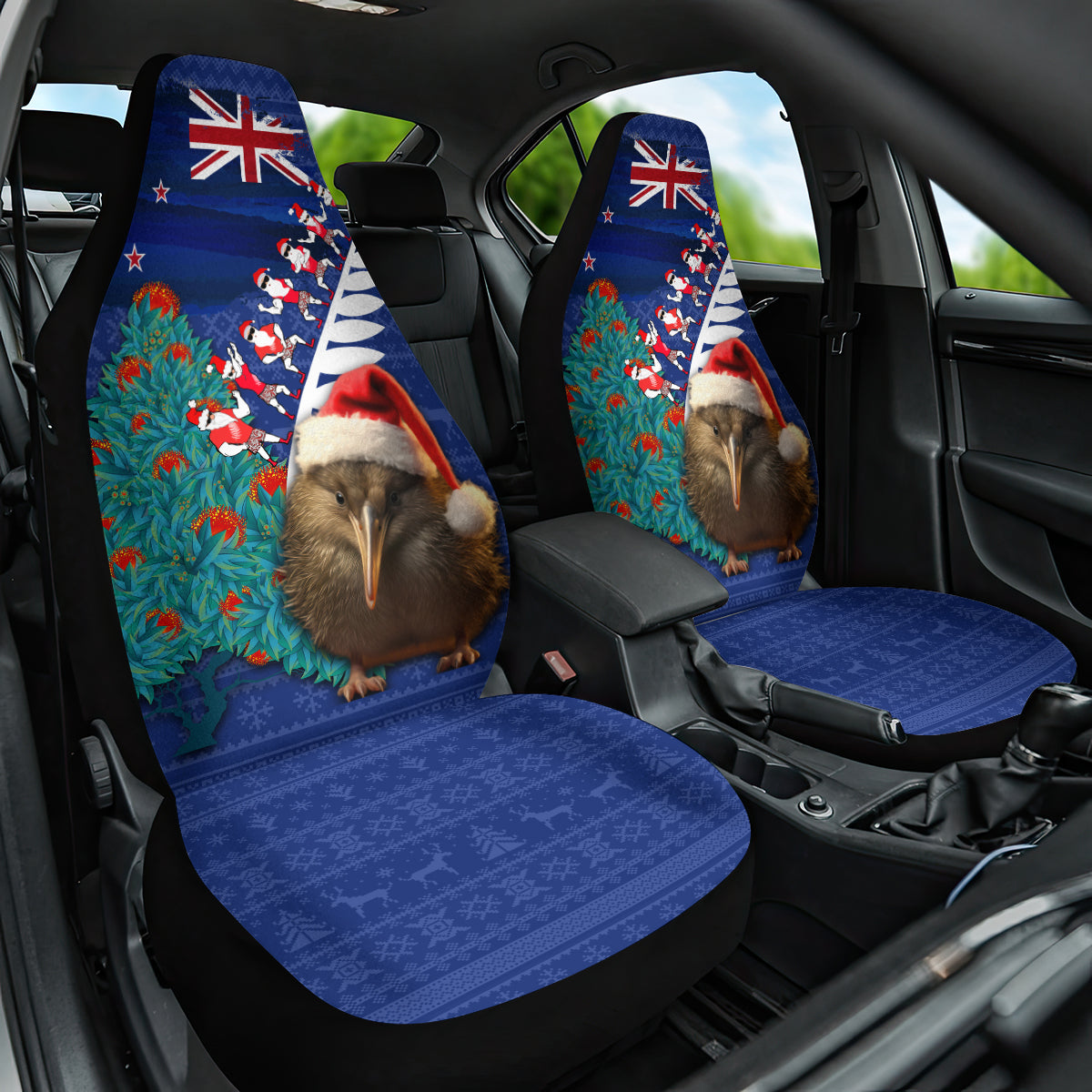 New Zealand Christmas Car Seat Cover Kiwi Bird Santa and Silver Fern Funny Haka Dance