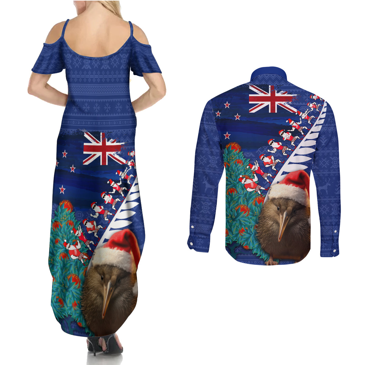 New Zealand Christmas Couples Matching Summer Maxi Dress and Long Sleeve Button Shirt Kiwi Bird Santa and Silver Fern Funny Haka Dance