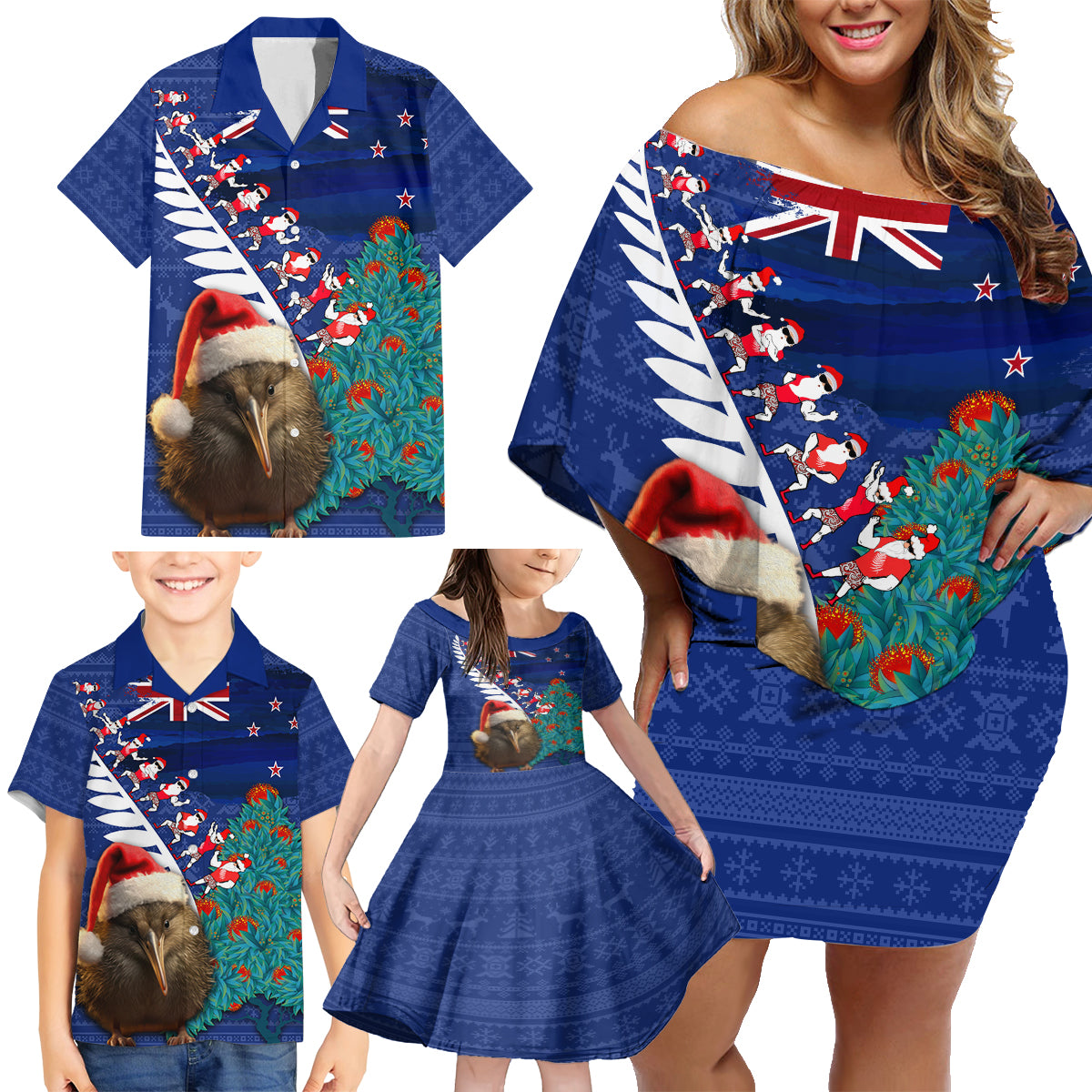 New Zealand Christmas Family Matching Off Shoulder Short Dress and Hawaiian Shirt Kiwi Bird Santa and Silver Fern Funny Haka Dance