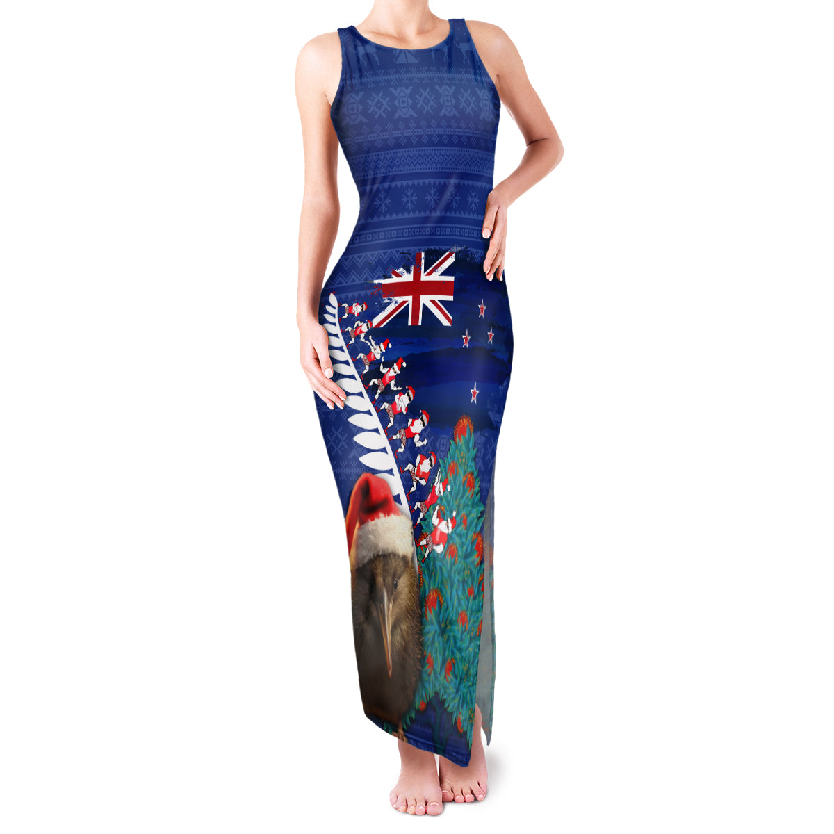 New Zealand Christmas Family Matching Tank Maxi Dress and Hawaiian Shirt Kiwi Bird Santa and Silver Fern Funny Haka Dance