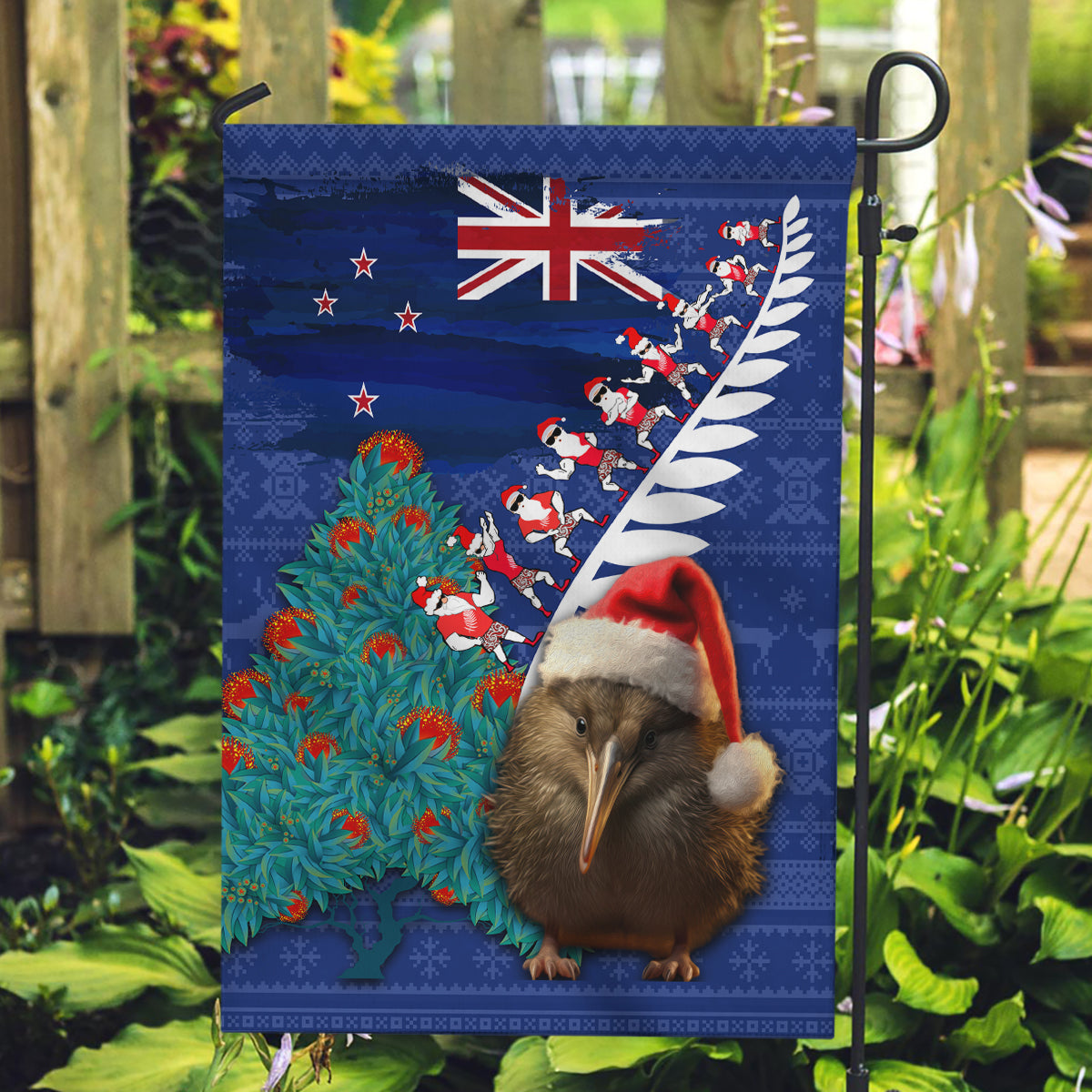 New Zealand Christmas Garden Flag Kiwi Bird Santa and Silver Fern Funny Haka Dance
