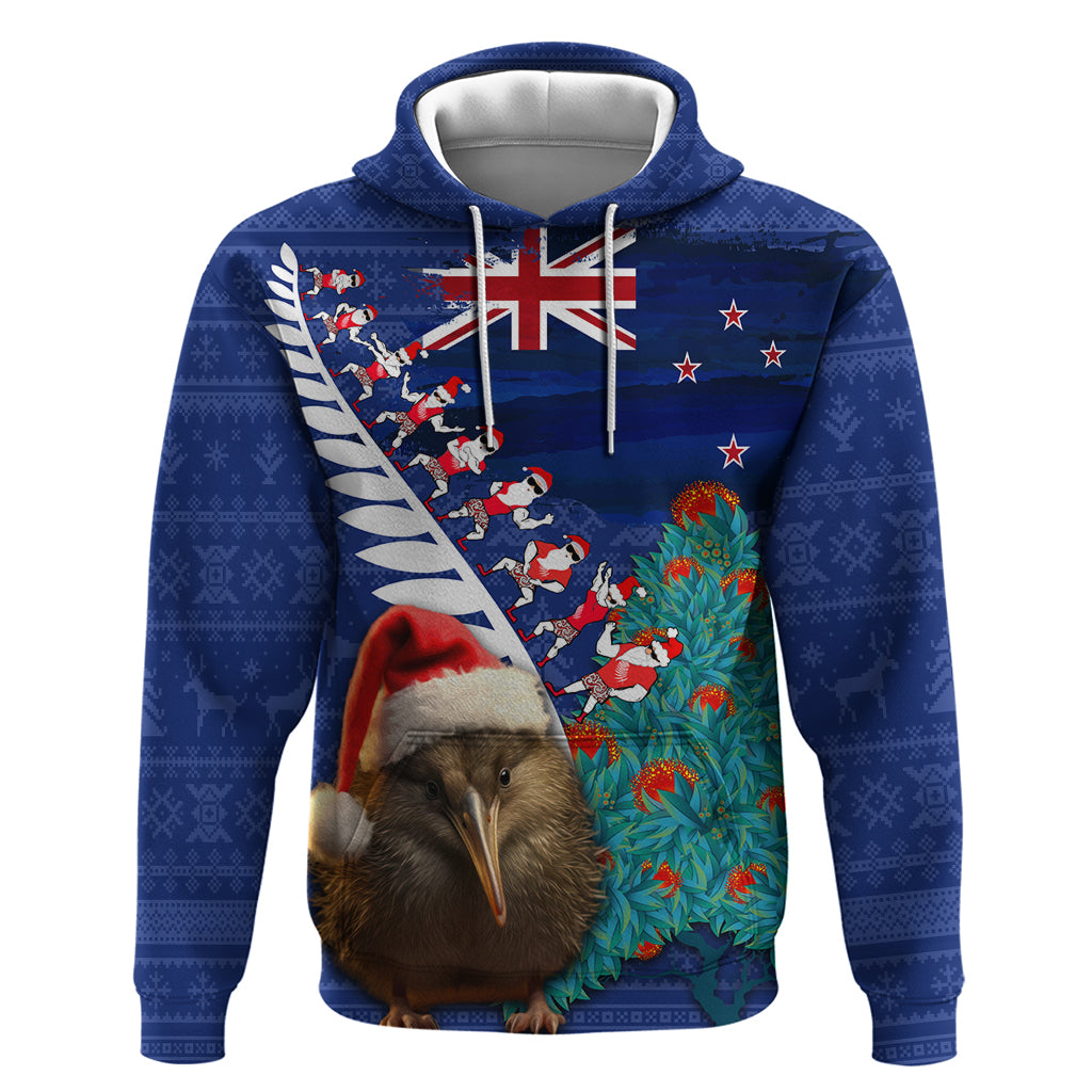 New Zealand Christmas Hoodie Kiwi Bird Santa and Silver Fern Funny Haka Dance