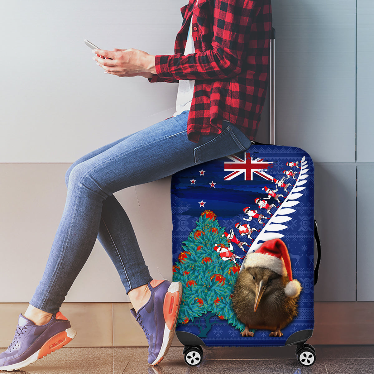 New Zealand Christmas Luggage Cover Kiwi Bird Santa and Silver Fern Funny Haka Dance