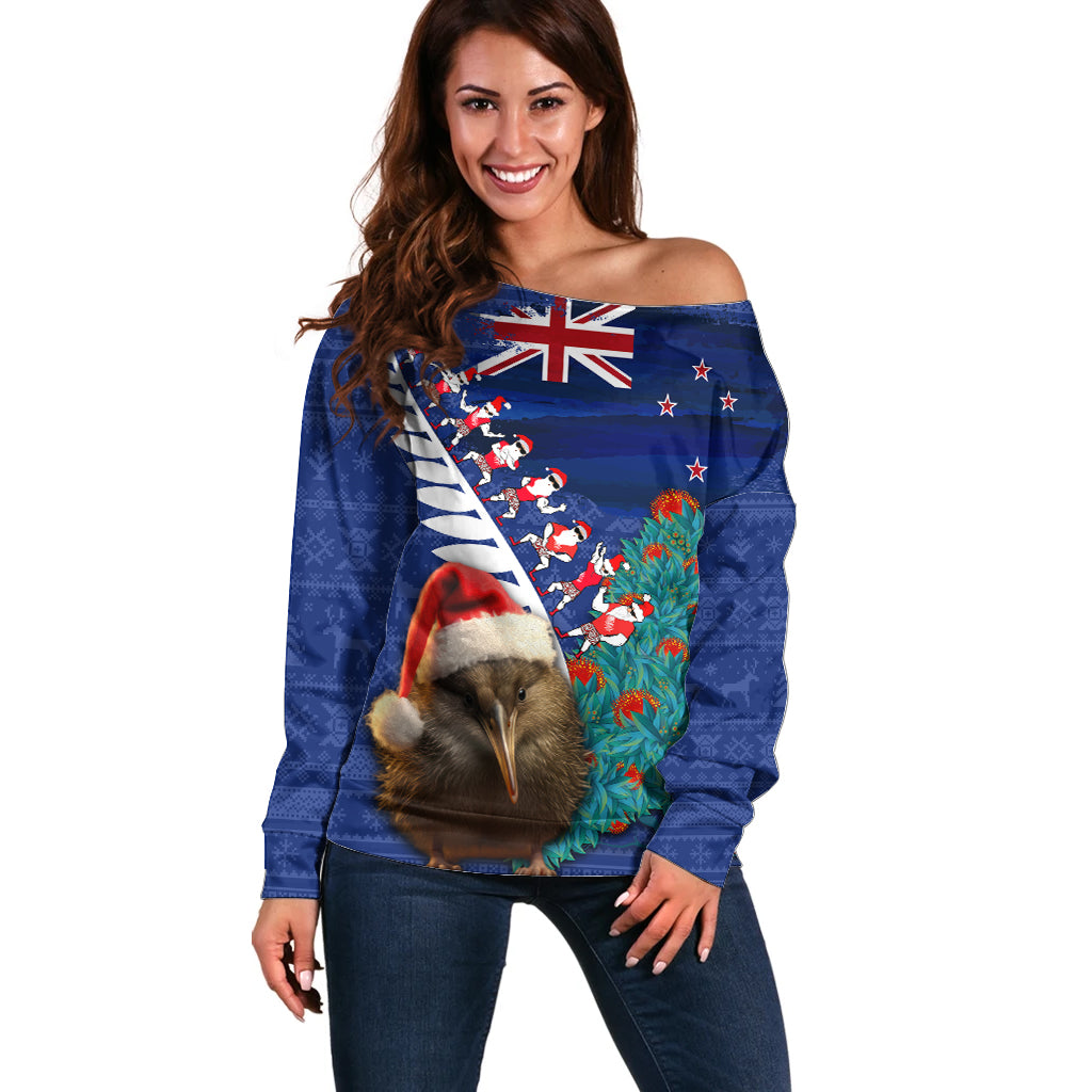 New Zealand Christmas Off Shoulder Sweater Kiwi Bird Santa and Silver Fern Funny Haka Dance