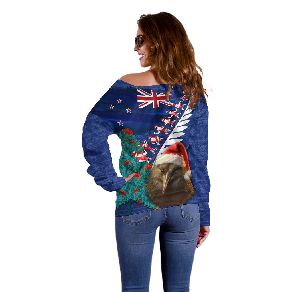 New Zealand Christmas Off Shoulder Sweater Kiwi Bird Santa and Silver Fern Funny Haka Dance