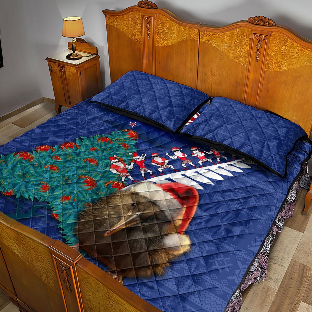 New Zealand Christmas Quilt Bed Set Kiwi Bird Santa and Silver Fern Funny Haka Dance