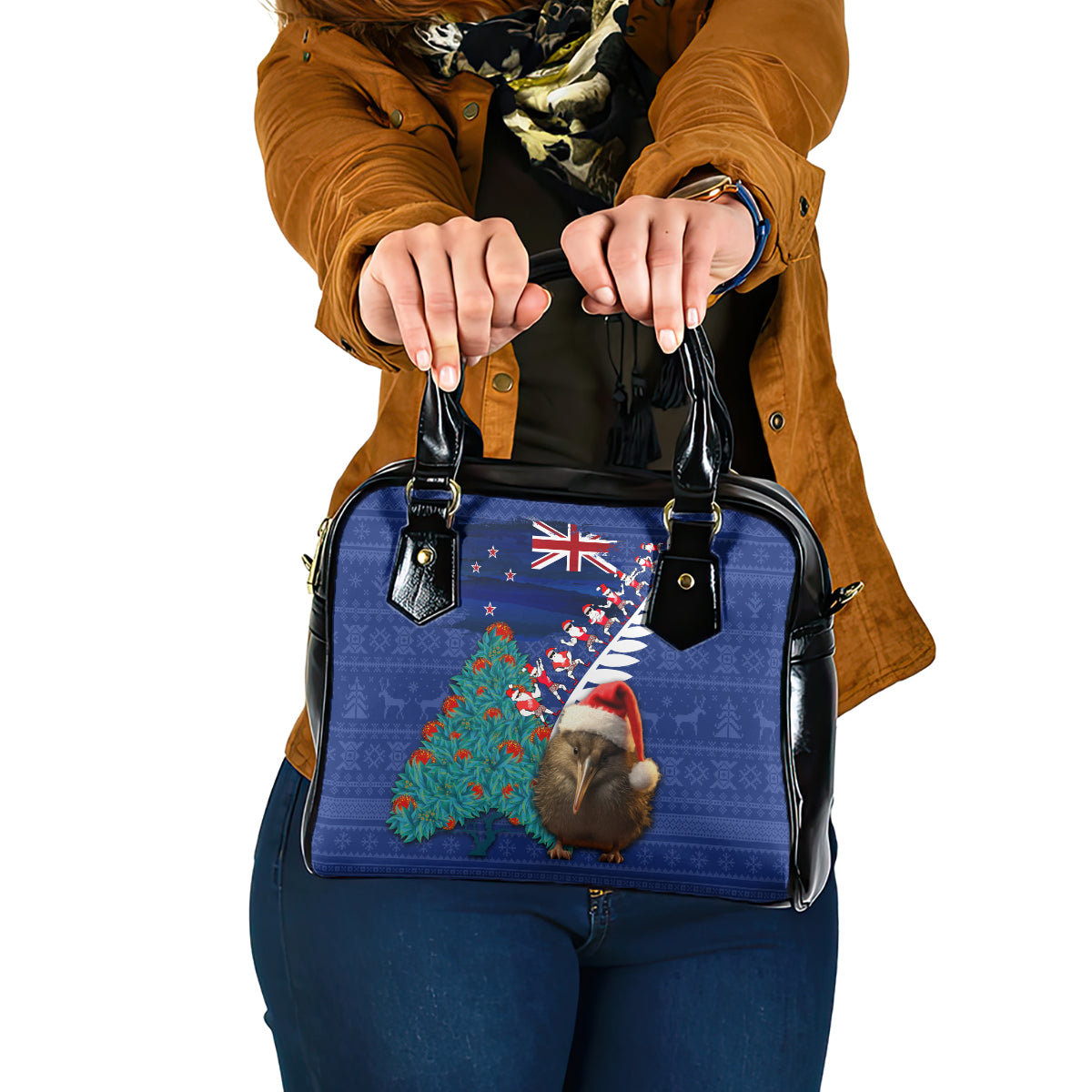 New Zealand Christmas Shoulder Handbag Kiwi Bird Santa and Silver Fern Funny Haka Dance