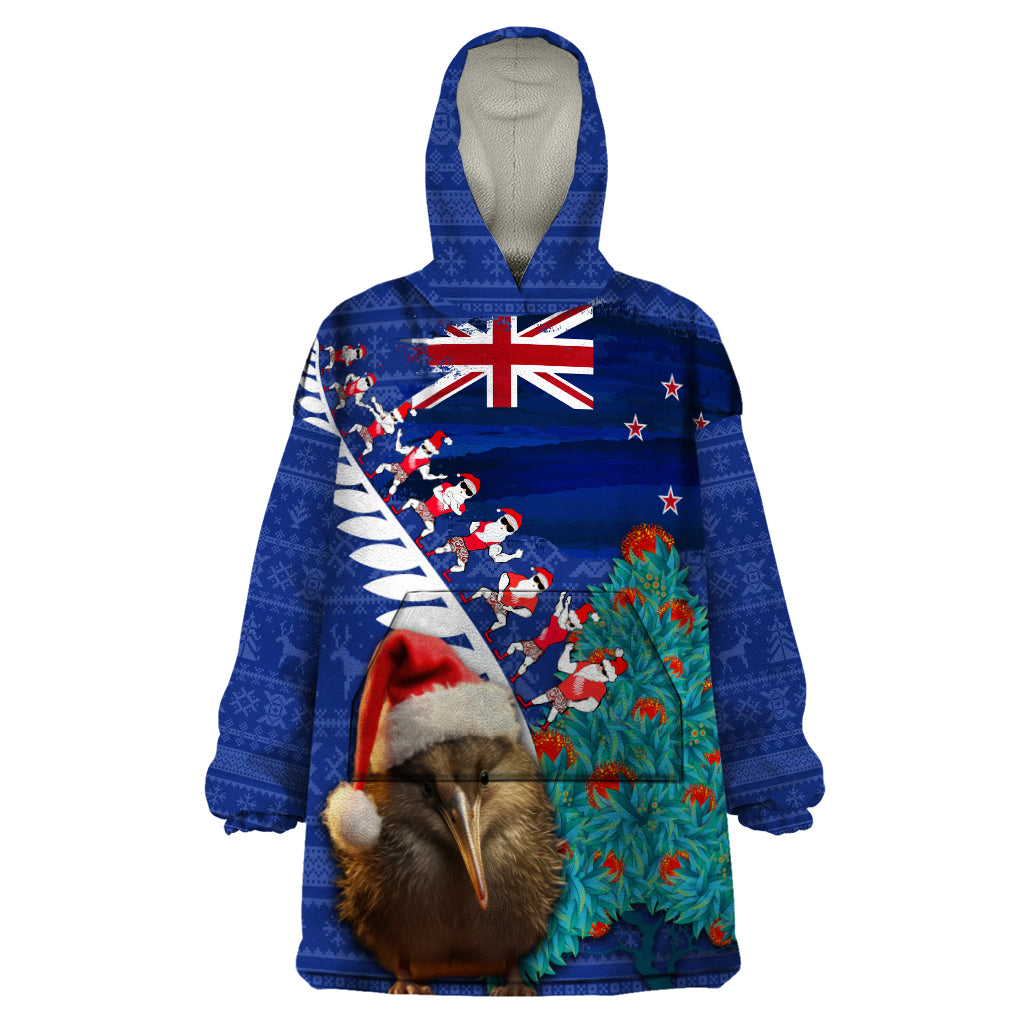 New Zealand Christmas Wearable Blanket Hoodie Kiwi Bird Santa and Silver Fern Funny Haka Dance