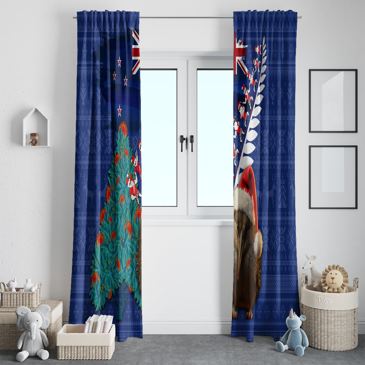 New Zealand Christmas Window Curtain Kiwi Bird Santa and Silver Fern Funny Haka Dance