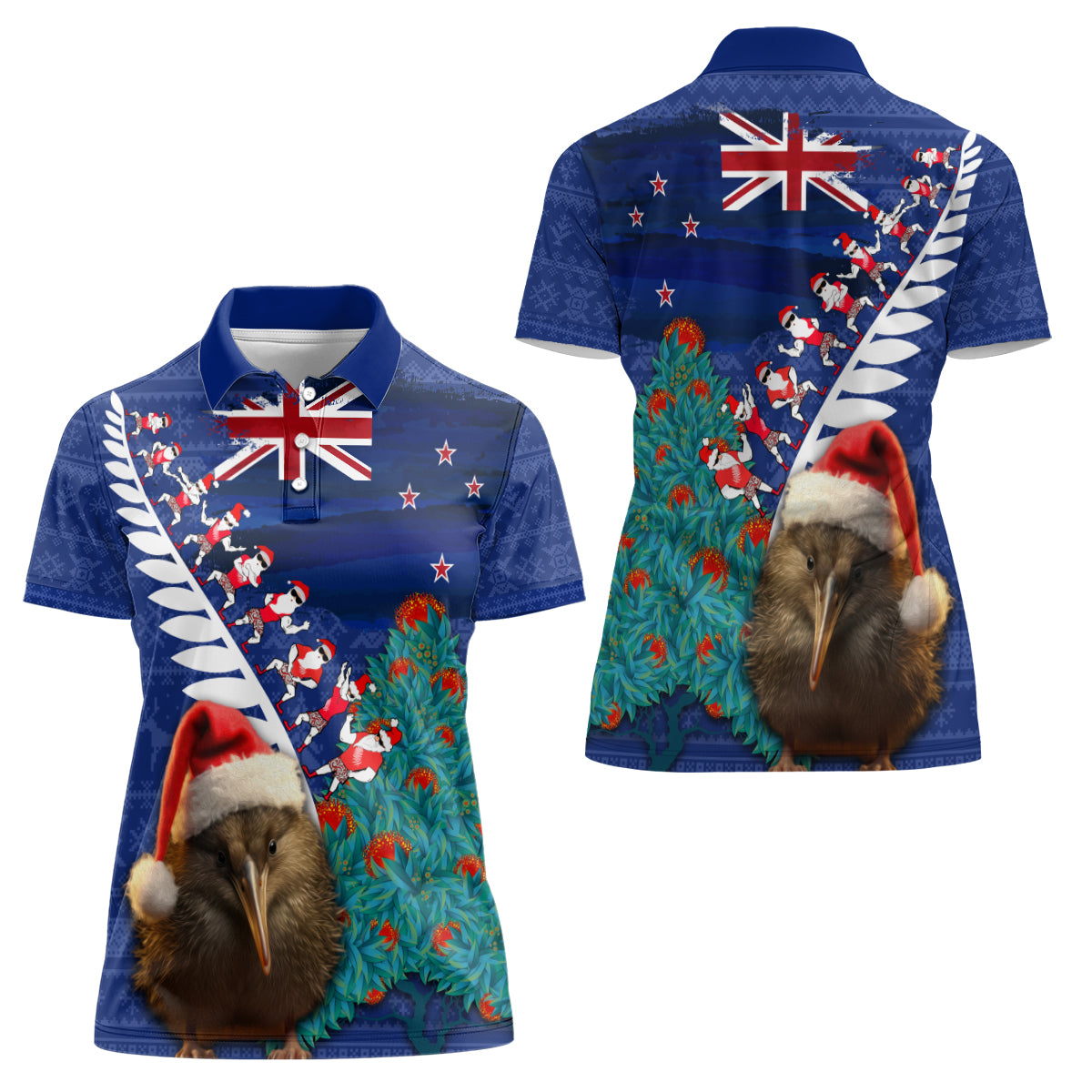New Zealand Christmas Women Polo Shirt Kiwi Bird Santa and Silver Fern Funny Haka Dance