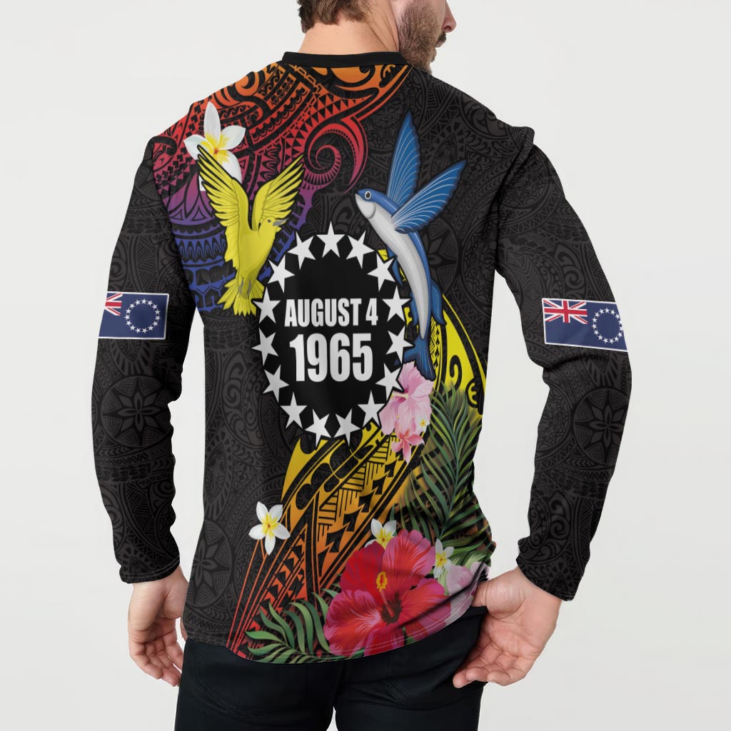 Cook Islands Independence Day Button Sweatshirt Maroro and Kakaia with Hibiscus Flower Polynesian Pattern