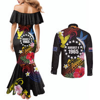 Cook Islands Independence Day Couples Matching Mermaid Dress and Long Sleeve Button Shirt Maroro and Kakaia with Hibiscus Flower Polynesian Pattern