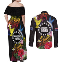 Cook Islands Independence Day Couples Matching Off Shoulder Maxi Dress and Long Sleeve Button Shirt Maroro and Kakaia with Hibiscus Flower Polynesian Pattern