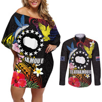 Cook Islands Independence Day Couples Matching Off Shoulder Short Dress and Long Sleeve Button Shirt Maroro and Kakaia with Hibiscus Flower Polynesian Pattern