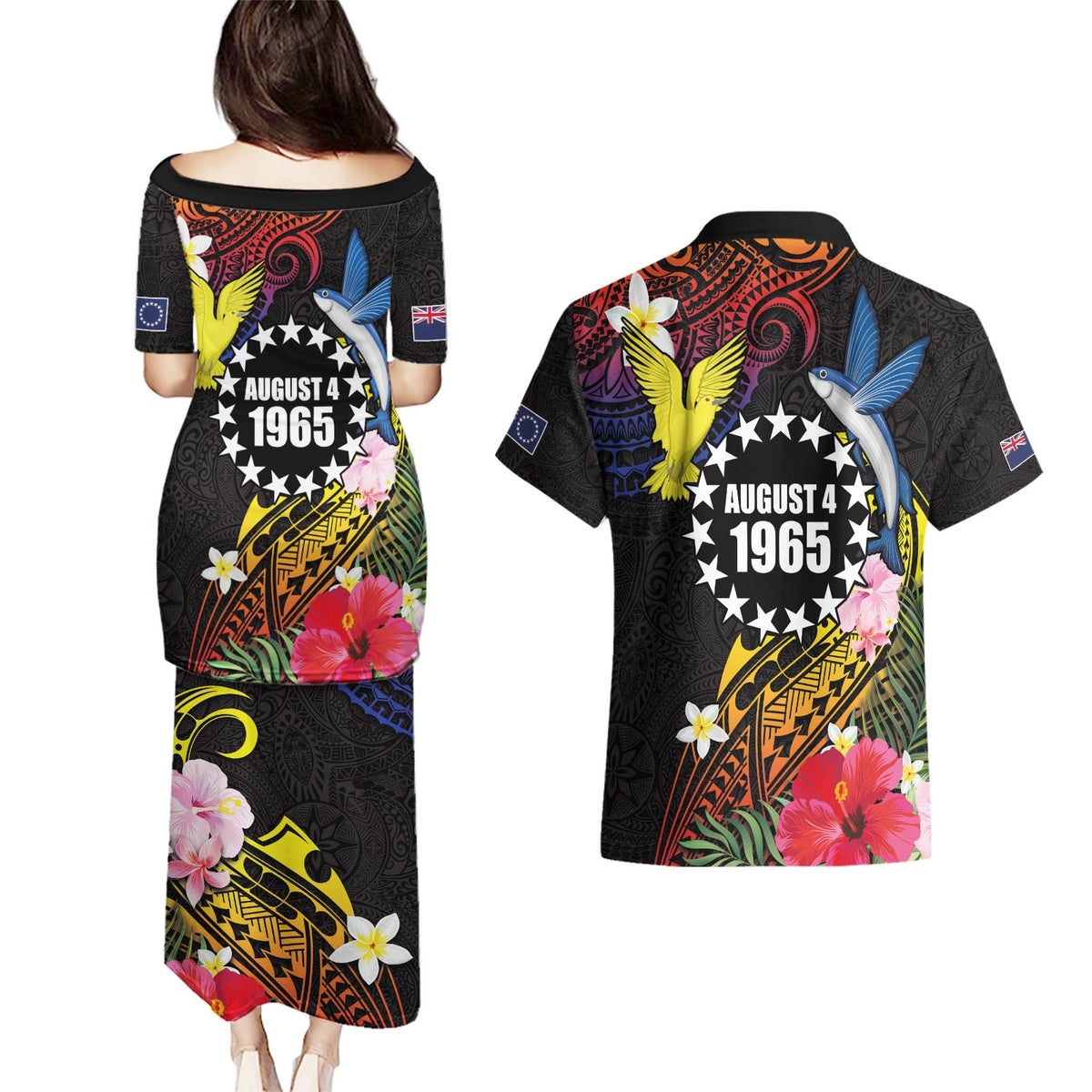Cook Islands Independence Day Couples Matching Puletasi and Hawaiian Shirt Maroro and Kakaia with Hibiscus Flower Polynesian Pattern