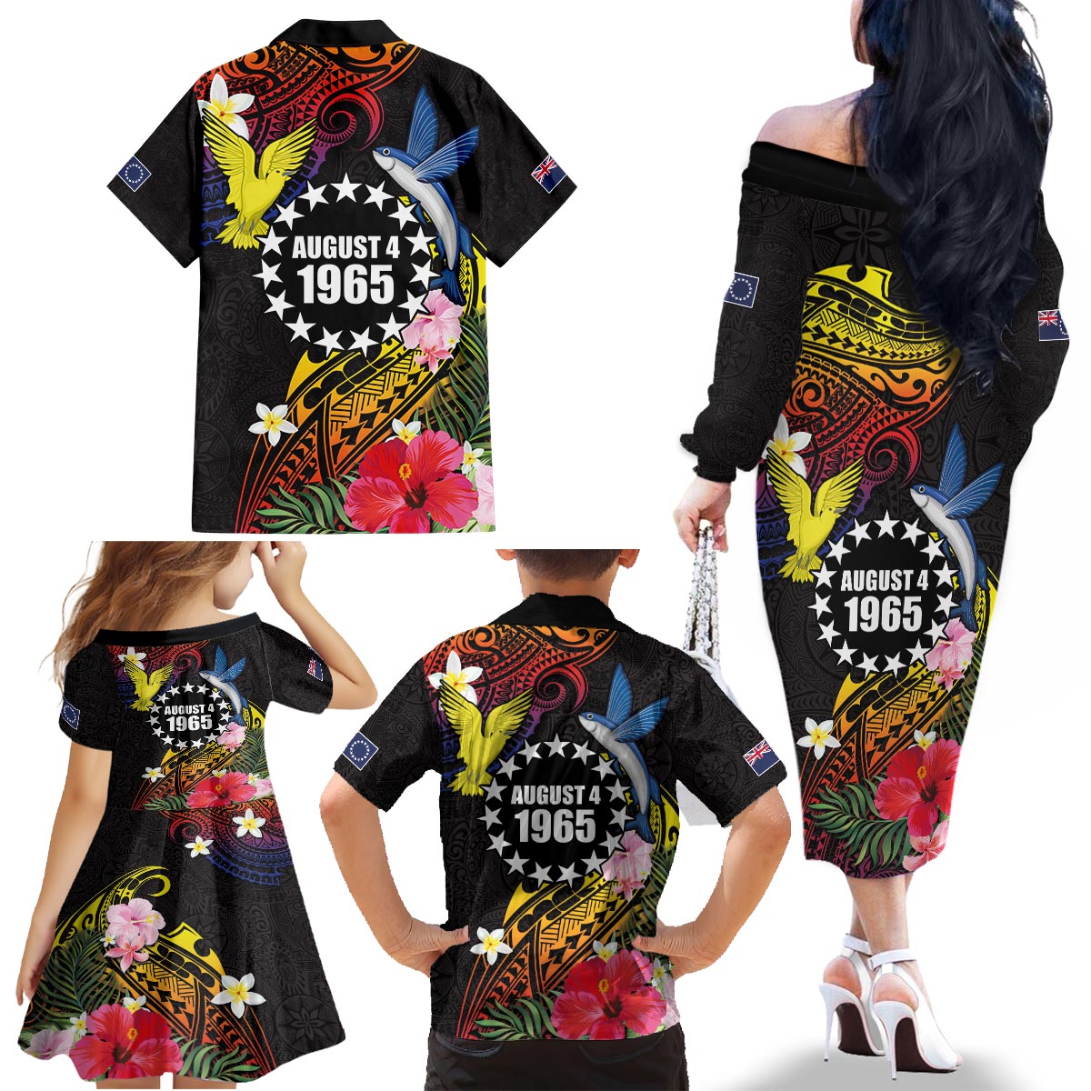 Cook Islands Independence Day Family Matching Off The Shoulder Long Sleeve Dress and Hawaiian Shirt Maroro and Kakaia with Hibiscus Flower Polynesian Pattern