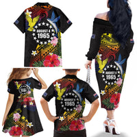Cook Islands Independence Day Family Matching Off The Shoulder Long Sleeve Dress and Hawaiian Shirt Maroro and Kakaia with Hibiscus Flower Polynesian Pattern