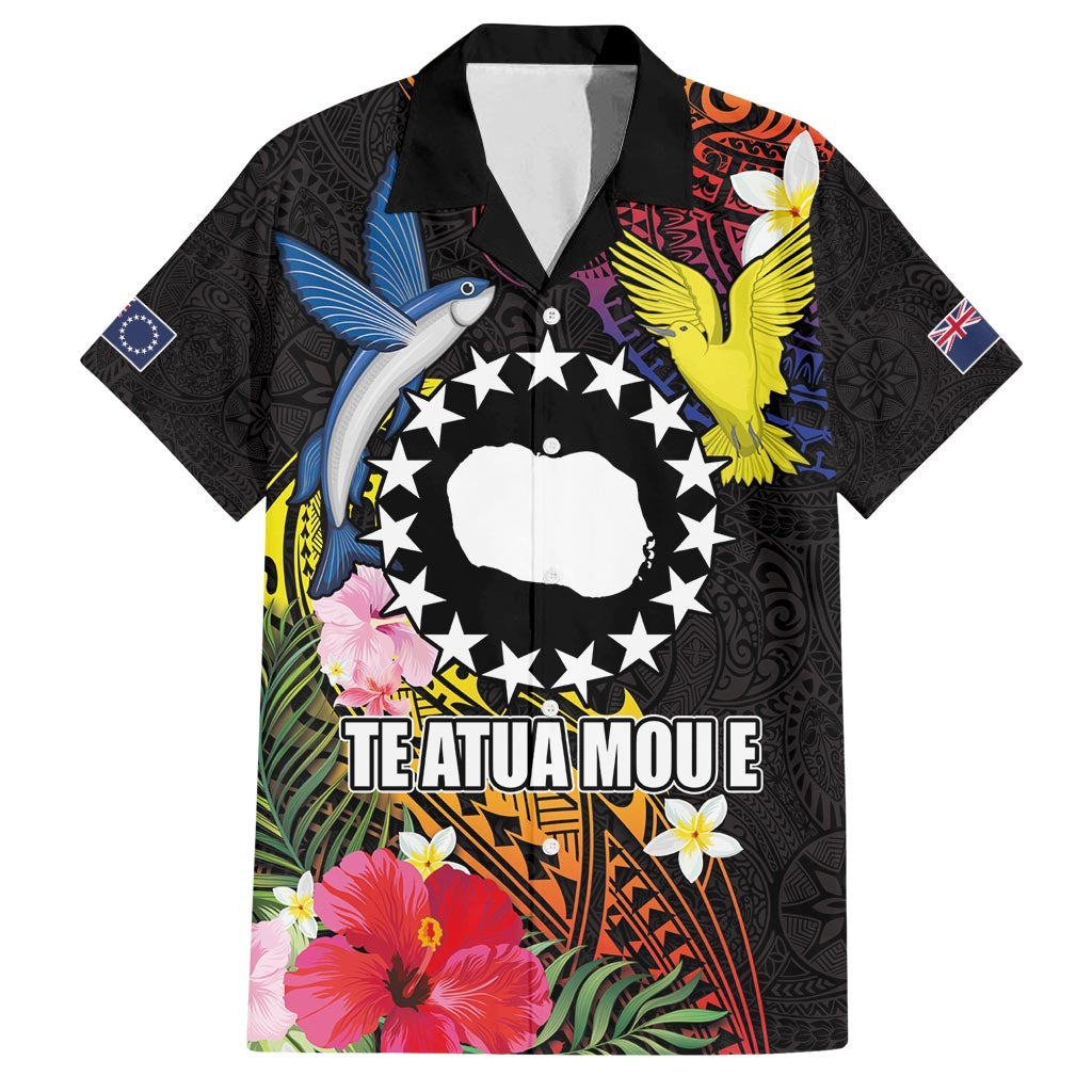 Cook Islands Independence Day Family Matching Off Shoulder Short Dress and Hawaiian Shirt Maroro and Kakaia with Hibiscus Flower Polynesian Pattern LT03 Dad's Shirt - Short Sleeve Black - Polynesian Pride