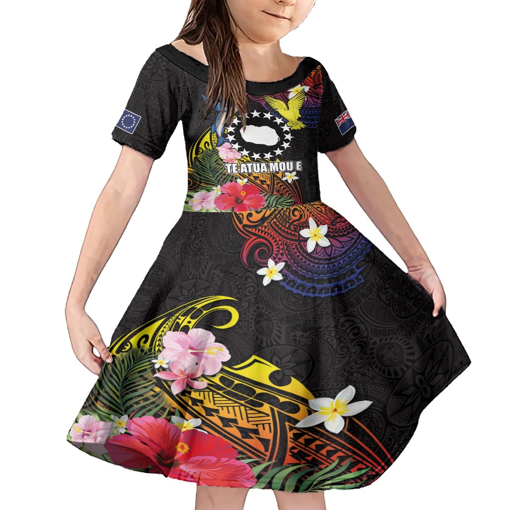 Cook Islands Independence Day Family Matching Tank Maxi Dress and Hawaiian Shirt Maroro and Kakaia with Hibiscus Flower Polynesian Pattern LT03 Daughter's Dress Black - Polynesian Pride