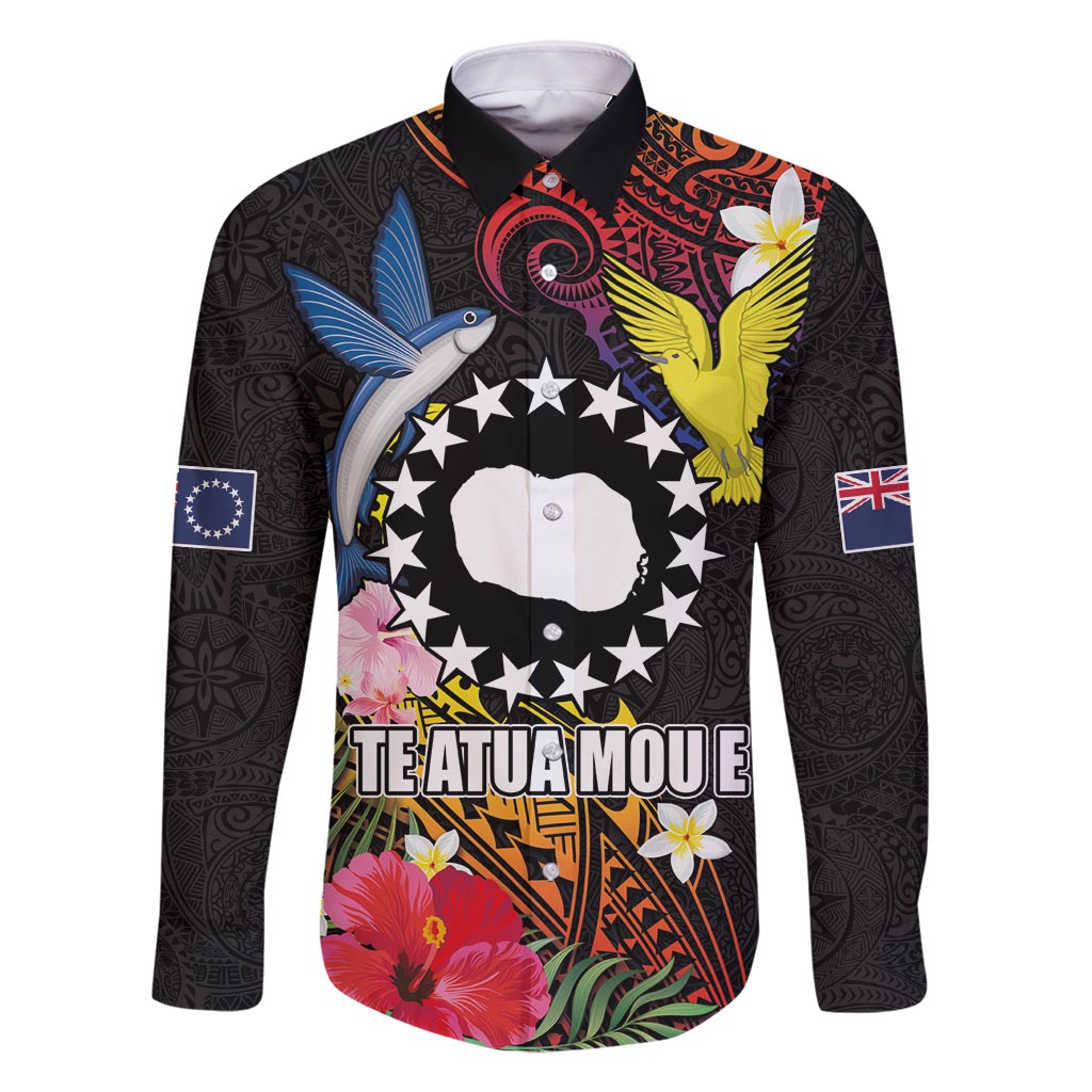 Cook Islands Independence Day Family Matching Tank Maxi Dress and Hawaiian Shirt Maroro and Kakaia with Hibiscus Flower Polynesian Pattern LT03 Dad's Shirt - Long Sleeve Black - Polynesian Pride