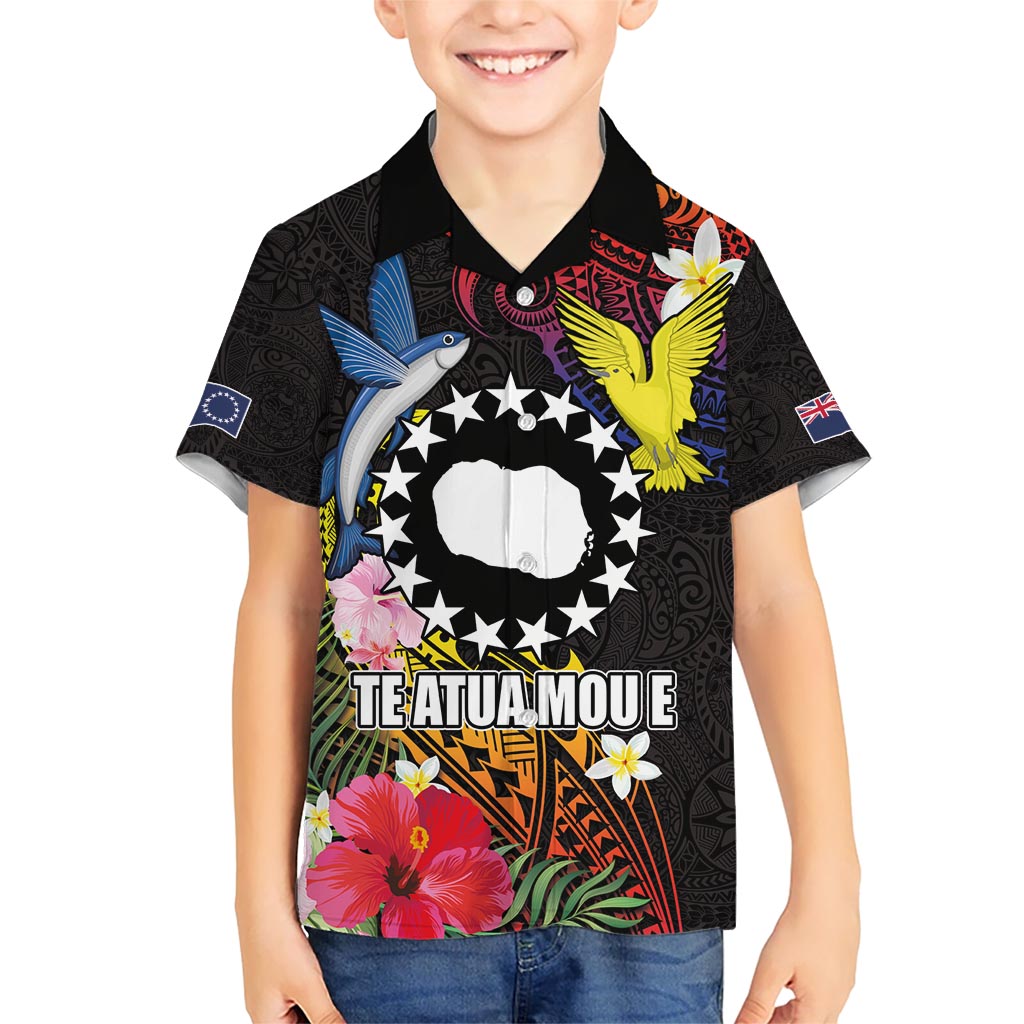 Cook Islands Independence Day Kid Hawaiian Shirt Maroro and Kakaia with Hibiscus Flower Polynesian Pattern