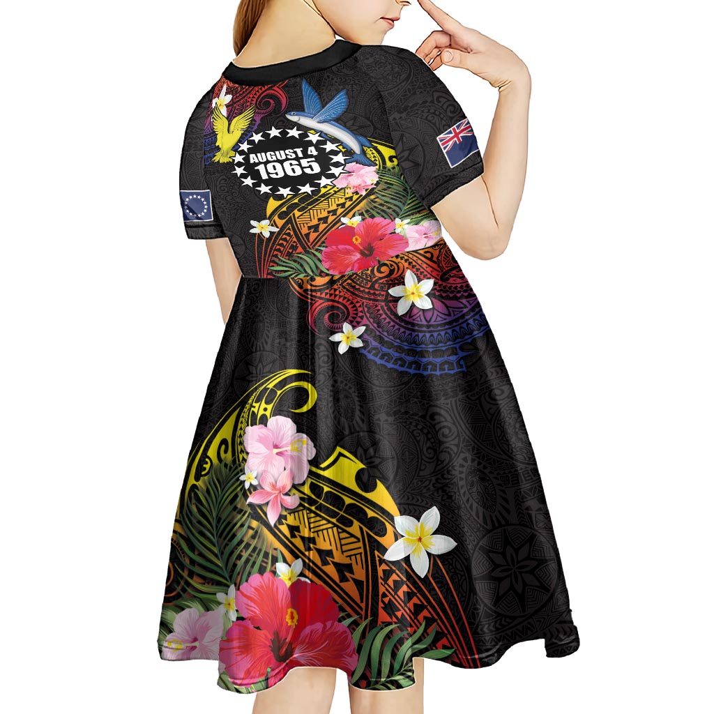 Cook Islands Independence Day Kid Short Sleeve Dress Maroro and Kakaia with Hibiscus Flower Polynesian Pattern