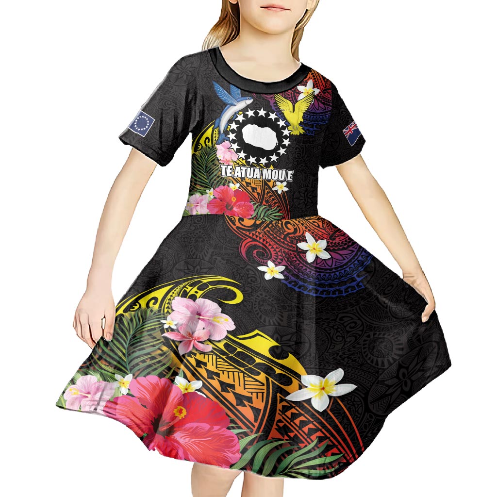 Cook Islands Independence Day Kid Short Sleeve Dress Maroro and Kakaia with Hibiscus Flower Polynesian Pattern