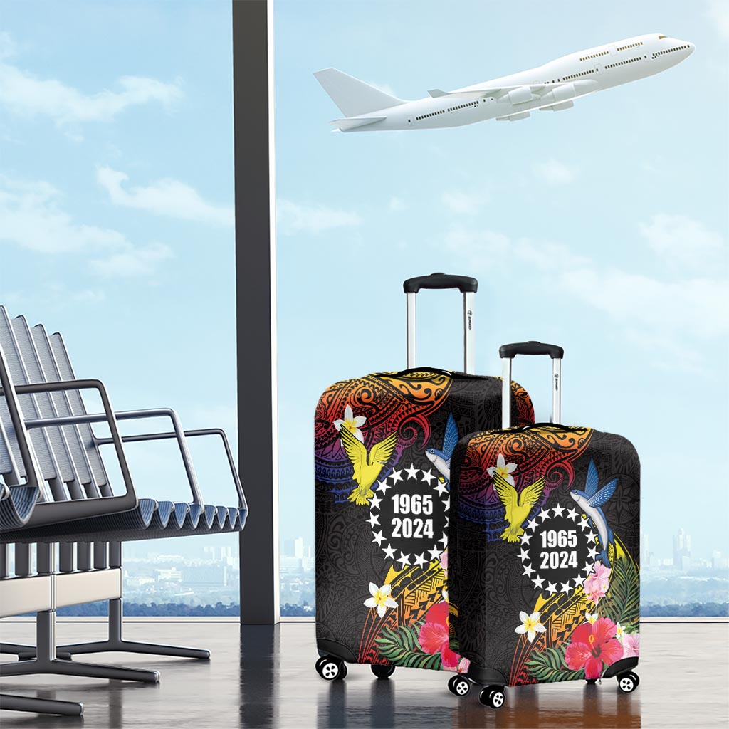 Cook Islands Independence Day Luggage Cover Maroro and Kakaia with Hibiscus Flower Polynesian Pattern