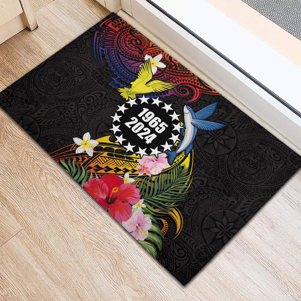 Cook Islands Independence Day Rubber Doormat Maroro and Kakaia with Hibiscus Flower Polynesian Pattern
