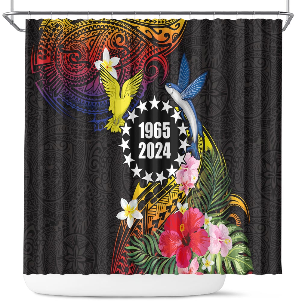 Cook Islands Independence Day Shower Curtain Maroro and Kakaia with Hibiscus Flower Polynesian Pattern