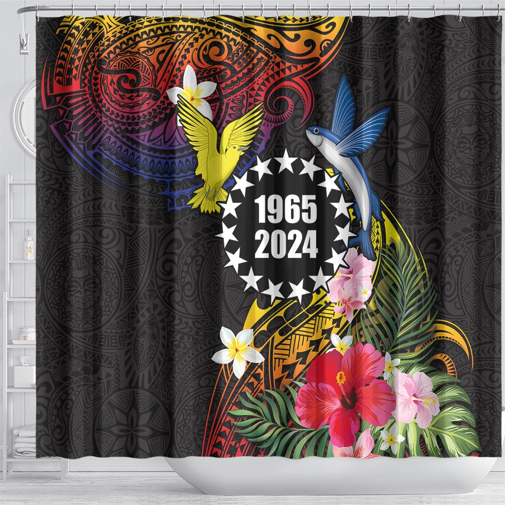 Cook Islands Independence Day Shower Curtain Maroro and Kakaia with Hibiscus Flower Polynesian Pattern