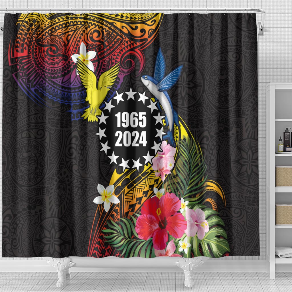 Cook Islands Independence Day Shower Curtain Maroro and Kakaia with Hibiscus Flower Polynesian Pattern