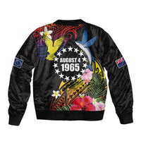 Cook Islands Independence Day Sleeve Zip Bomber Jacket Maroro and Kakaia with Hibiscus Flower Polynesian Pattern