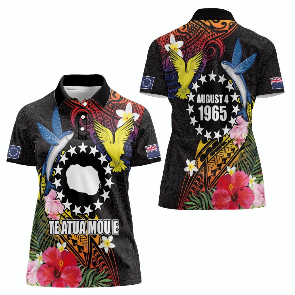 Cook Islands Independence Day Women Polo Shirt Maroro and Kakaia with Hibiscus Flower Polynesian Pattern