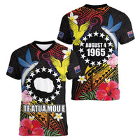 Cook Islands Independence Day Women V-Neck T-Shirt Maroro and Kakaia with Hibiscus Flower Polynesian Pattern