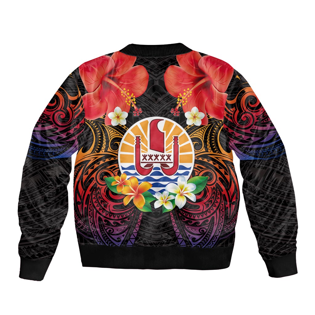 French Polynesia Bastille Day Bomber Jacket Tiare Flower and National Seal Polynesian Pattern LT03 - Polynesian Pride