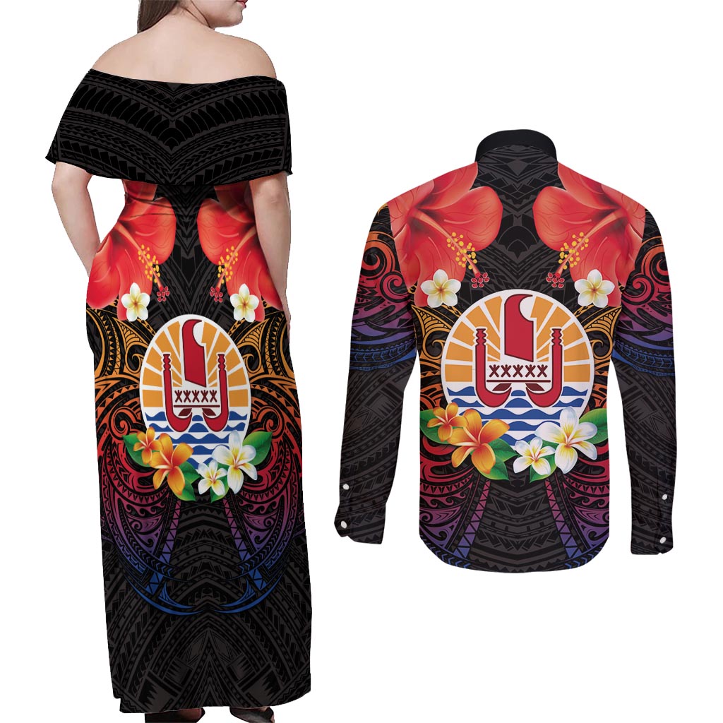 French Polynesia Bastille Day Couples Matching Off Shoulder Maxi Dress and Long Sleeve Button Shirt Tiare Flower and National Seal Polynesian Pattern