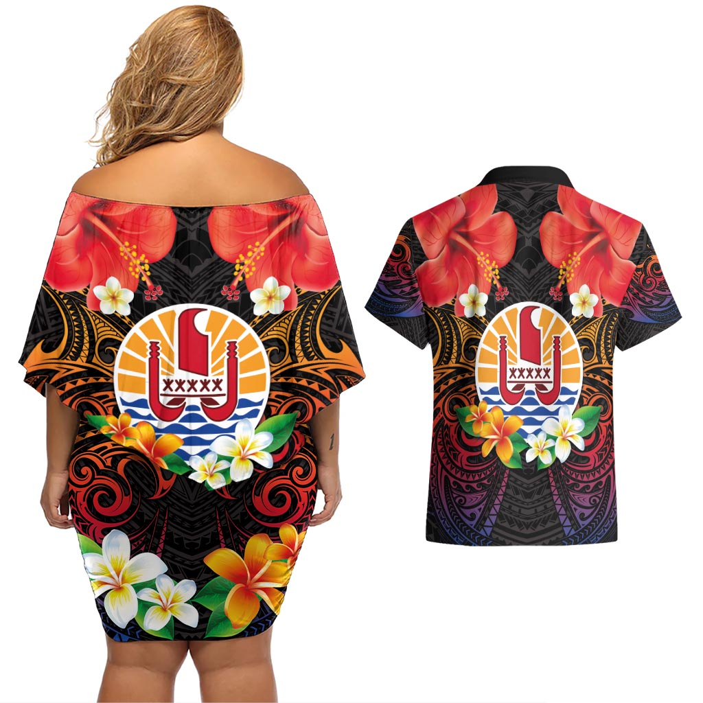 French Polynesia Bastille Day Couples Matching Off Shoulder Short Dress and Hawaiian Shirt Tiare Flower and National Seal Polynesian Pattern