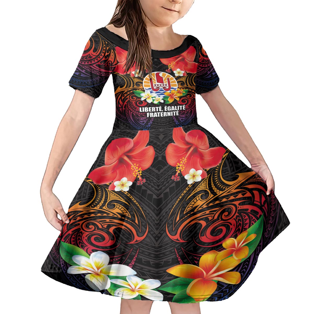 French Polynesia Bastille Day Family Matching Off The Shoulder Long Sleeve Dress and Hawaiian Shirt Tiare Flower and National Seal Polynesian Pattern