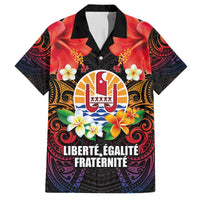 French Polynesia Bastille Day Family Matching Off The Shoulder Long Sleeve Dress and Hawaiian Shirt Tiare Flower and National Seal Polynesian Pattern