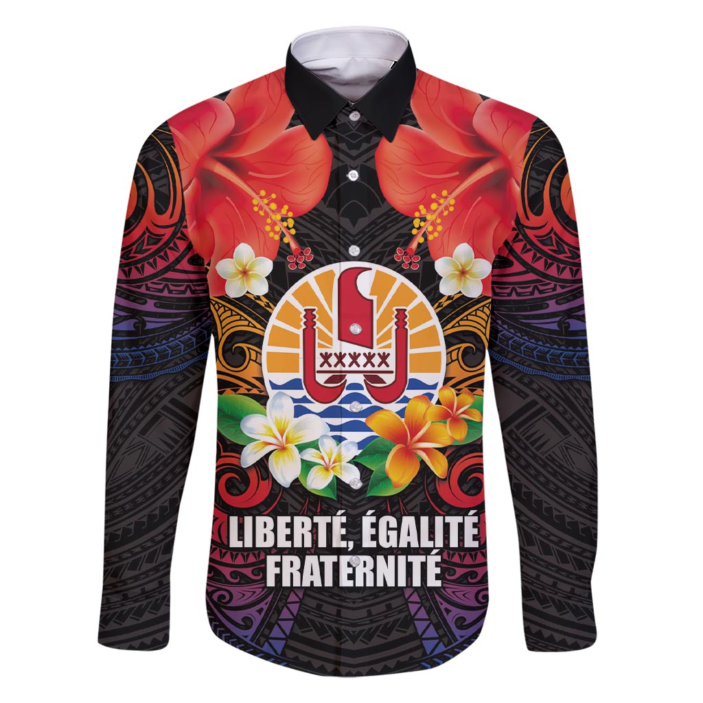French Polynesia Bastille Day Family Matching Short Sleeve Bodycon Dress and Hawaiian Shirt Tiare Flower and National Seal Polynesian Pattern LT03 Dad's Shirt - Long Sleeve Black - Polynesian Pride