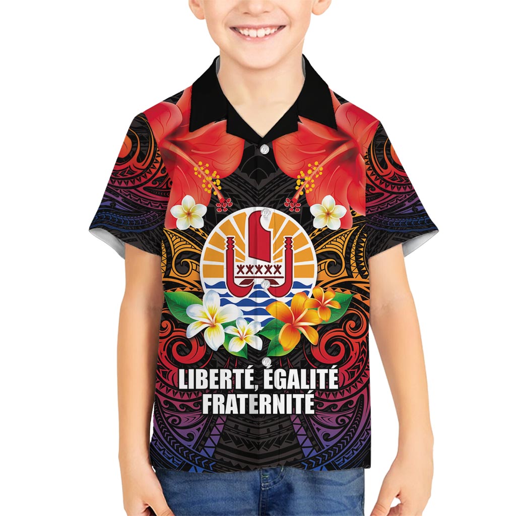 French Polynesia Bastille Day Family Matching Tank Maxi Dress and Hawaiian Shirt Tiare Flower and National Seal Polynesian Pattern LT03 Son's Shirt Black - Polynesian Pride