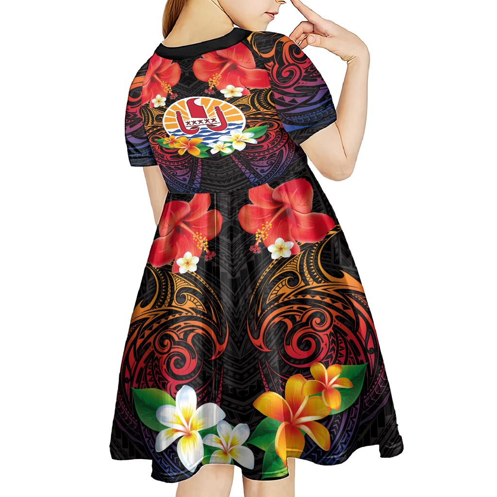 French Polynesia Bastille Day Kid Short Sleeve Dress Tiare Flower and National Seal Polynesian Pattern LT03 - Polynesian Pride