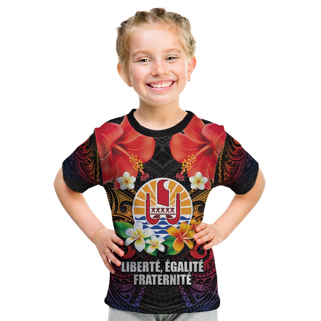 French Polynesia Bastille Day Kid T Shirt Tiare Flower and National Seal Polynesian Pattern LT03 Black - Polynesian Pride