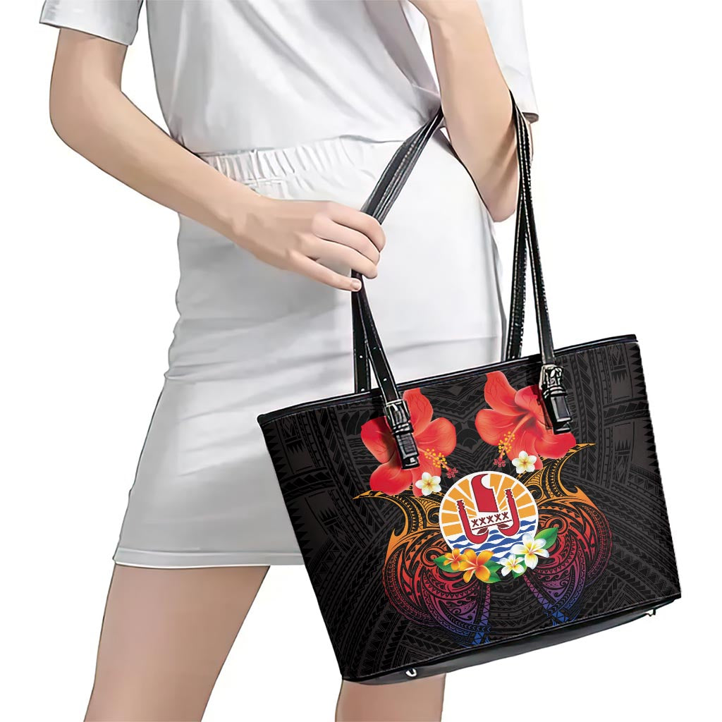 French Polynesia Bastille Day Leather Tote Bag Tiare Flower and National Seal Polynesian Pattern