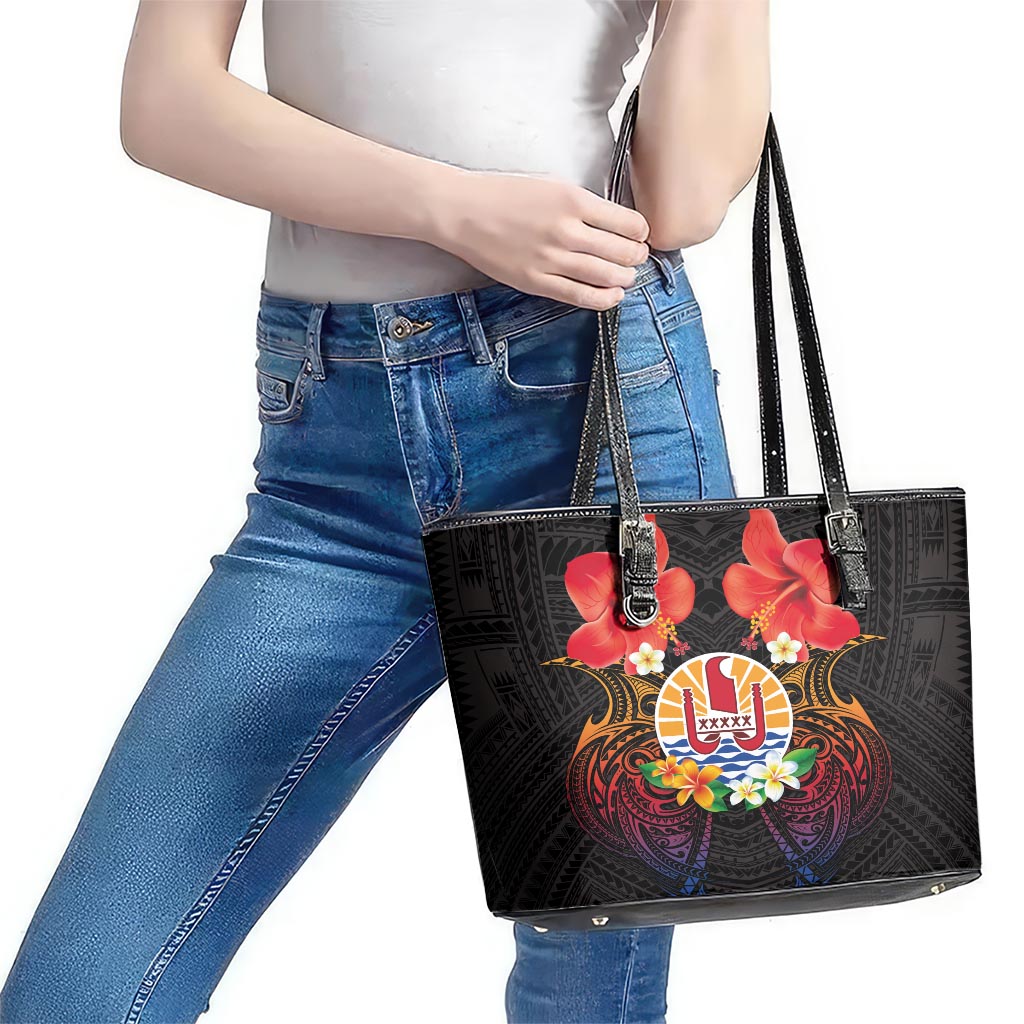 French Polynesia Bastille Day Leather Tote Bag Tiare Flower and National Seal Polynesian Pattern
