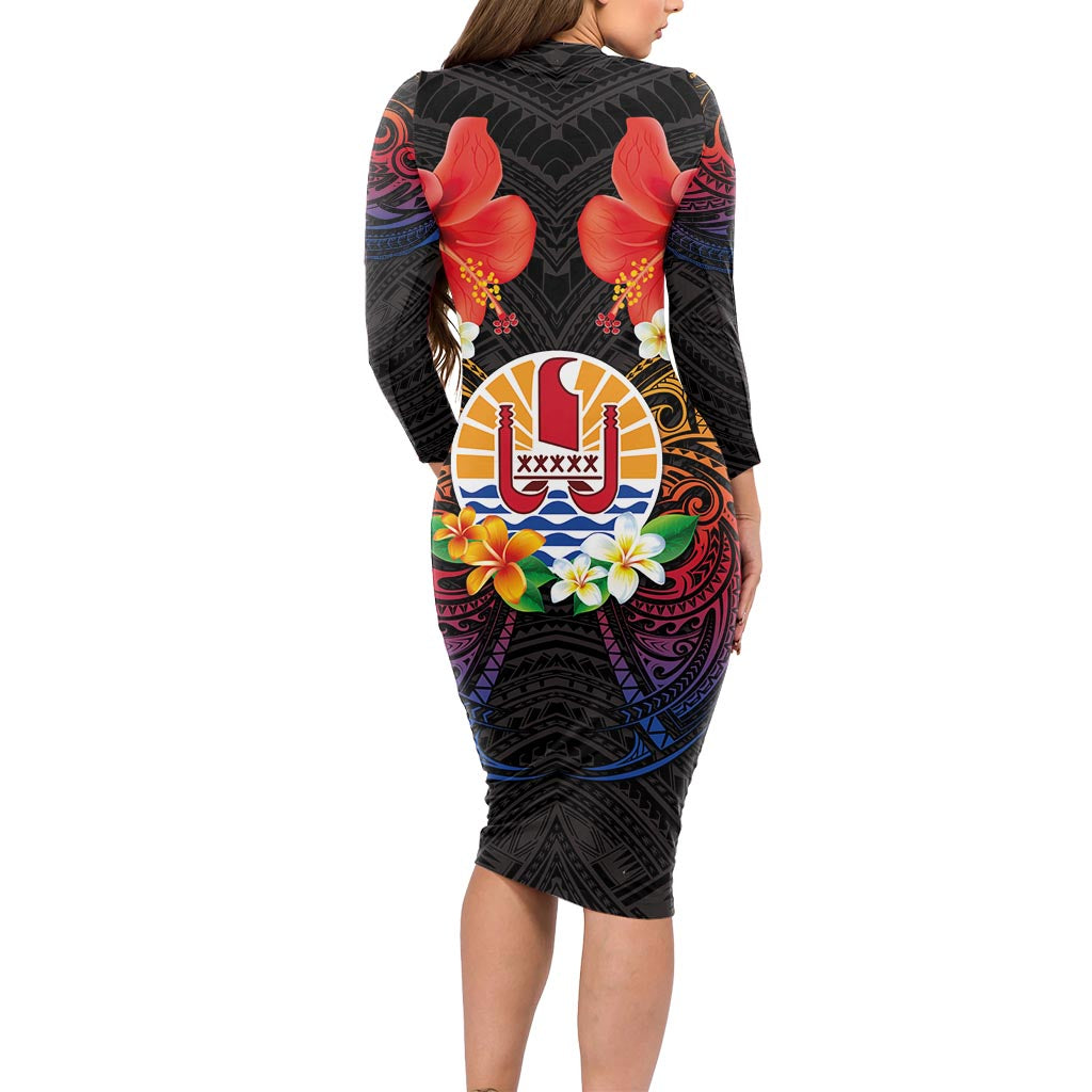 French Polynesia Bastille Day Long Sleeve Bodycon Dress Tiare Flower and National Seal Polynesian Pattern LT03 - Polynesian Pride
