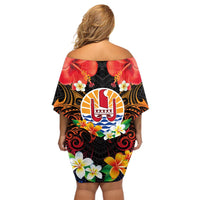 French Polynesia Bastille Day Off Shoulder Short Dress Tiare Flower and National Seal Polynesian Pattern LT03 - Polynesian Pride