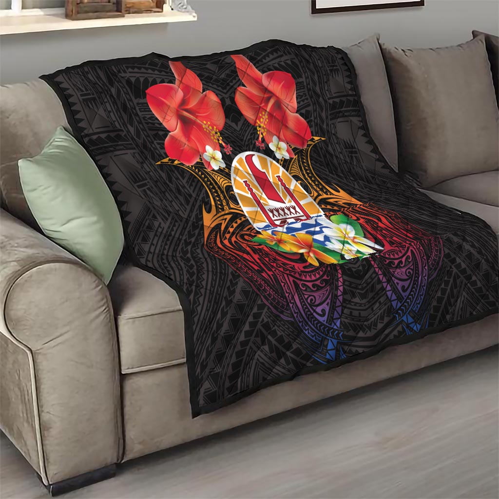 French Polynesia Bastille Day Quilt Tiare Flower and National Seal Polynesian Pattern